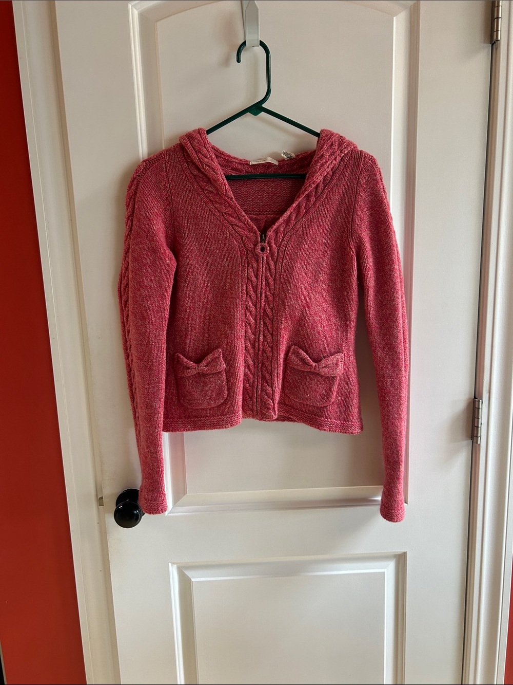 Women's Hooded Cable Trim Pink Cardigan with Bow-Pocket Detail